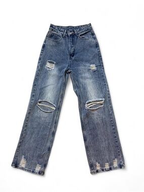 Medium Wash Distressed Blue Denim Straight Leg Jeans